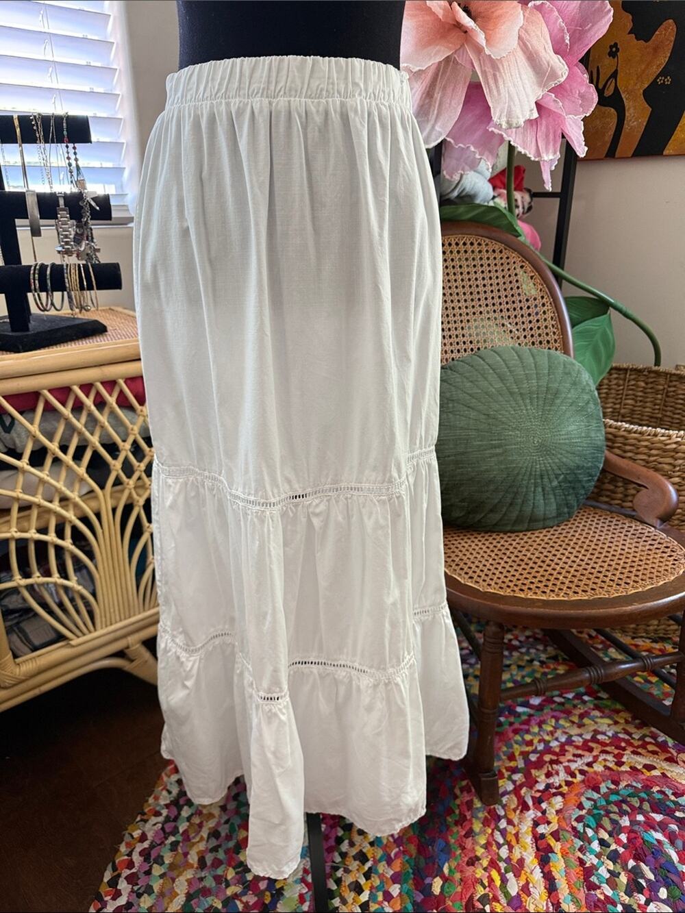 Bella Dahl White Tiered Classic Preppy Boho Hippie Nantucket Montauk Maxi Skirt
